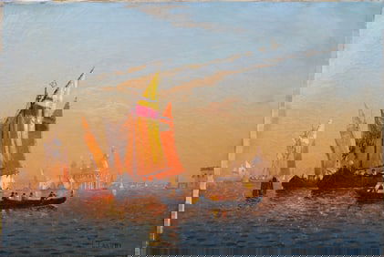 Antique European Impressionist Venice Sunset Seascape Signed Oil Painting