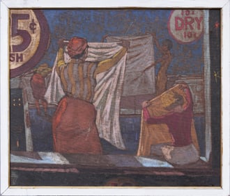 Antique American Modernist WPA Laundromat Social Realist New York School Original Oil Painting
