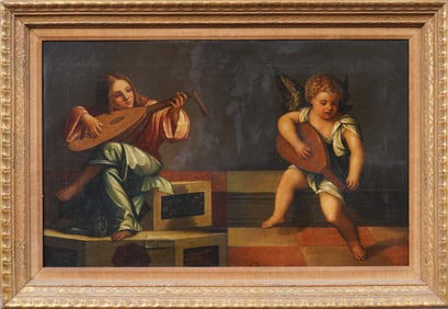 Antique Signed Old Master Cherub Portrait Musical Interior Scene Framed Oil Painting