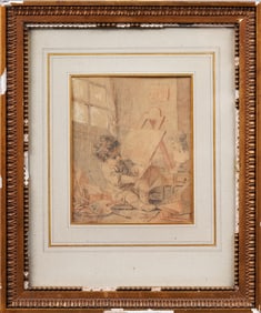 Antique French Old Master Interior Scene Drawing