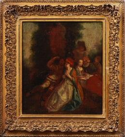 Antique European Old Master European Garden Party Framed Original Oil Painting