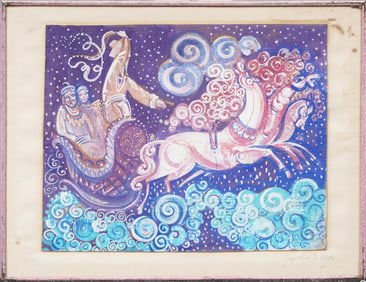 Vintage Surreal Flying Horse Starry Night Modernist Painting