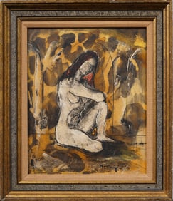 Vintage Modernist Surreal Nude Woman Portrait "Thinker II"  Framed Original Painting