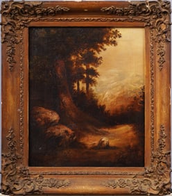 Early American Hudson River School Mountain View Framed Fall Landscape Oil Painting