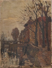 Antique European Impressionist Amsterdam Cityscape Signed Oil Painting