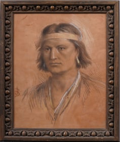 Antique Native American Male Portrait Monogrammed Framed Original Drawing