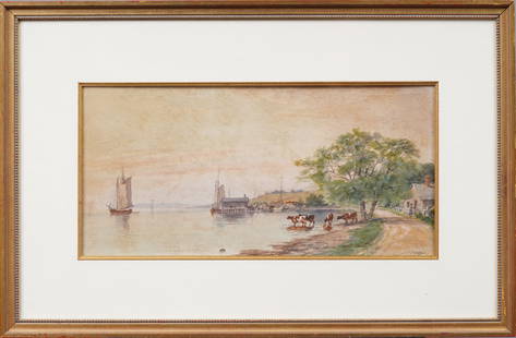 James Brade Sword (1839 - 1915) Antique American Coastal Landscape Cows SWIMMING! Painting: Antique American landscape painting by James Brade Sword (1839 - 1915). Watercolor on paper. Signed. Framed. Measuring 18 by 28 inches overall and 9 by 20 painting alone. Please see all images for con