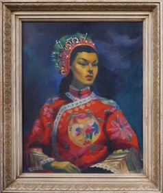 Vintage Chinese Impressionist Young Woman Portrait Framed Original Oil Painting