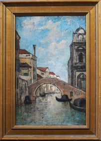 Antique Italian Impressionist Venice Canal Giltwood Framed Signed Original Oil Painting