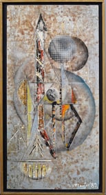 Signed 1982 Space Age Modernist Abstract  "Evolution" Original Framed Mid Century Oil Painting