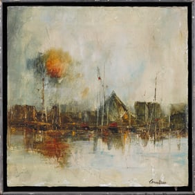 Signed and Framed Vintage American School Modernist Abstract River Houses Oil Painting