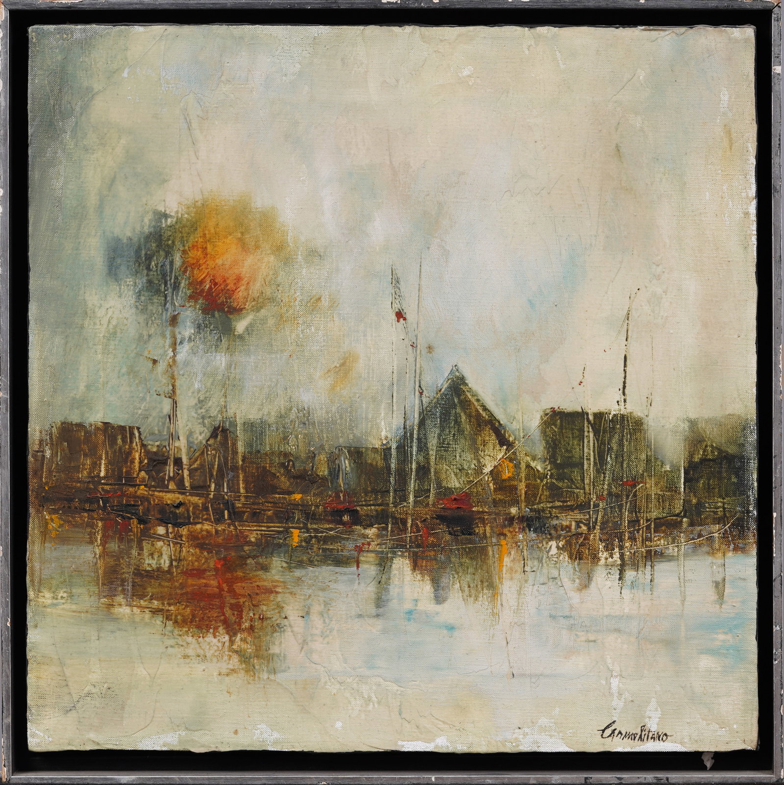 Signed and Framed Vintage American School Modernist Abstract River Houses Oil Painting (1 of 7)