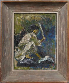 Signed American School Modernist Abstract Washerwoman Framed Signed Oil Painting