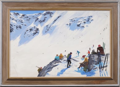 William Abbott Cheever (1907-1986) Antique American Winter Snow Mountain Skiing Oil Painting