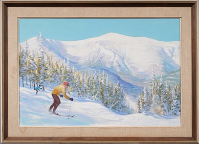 William Cheever Rare Large American School Sporting Art Signed Skiing Winter Landscape Oil Painting