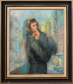 Antique American School Rainy Street Scene Mother and Child Portrait Framed Signed Oil Painting