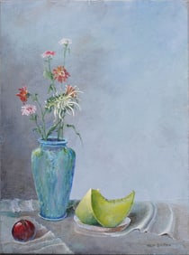 Signed Vintage American School Modernist Honeydew and Flower Still Life Oil Painting