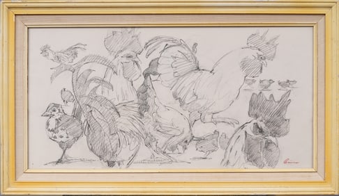 Vintage American School Modernist Chicken Portait  Drawing Signed Original Framed Artwork