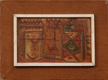 Antique Orientalist Signed Abstract Landscape Mixed Media Sculpture Painting