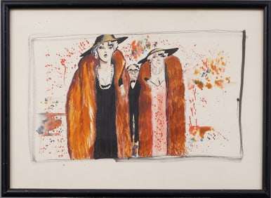 Antique American School Monogrammed Modernist Mystery Family Portrait  Original Painting