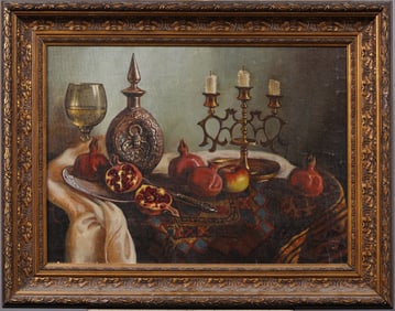 Igor Pron (b.1967)  Large Ukrainian Signed Pomegranate Table Top  Interior Still Life Oil Painting