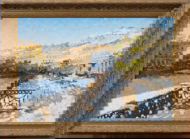 Signed Russian Impressionist Winter Snow Filled Cityscape Framed Oil Painting