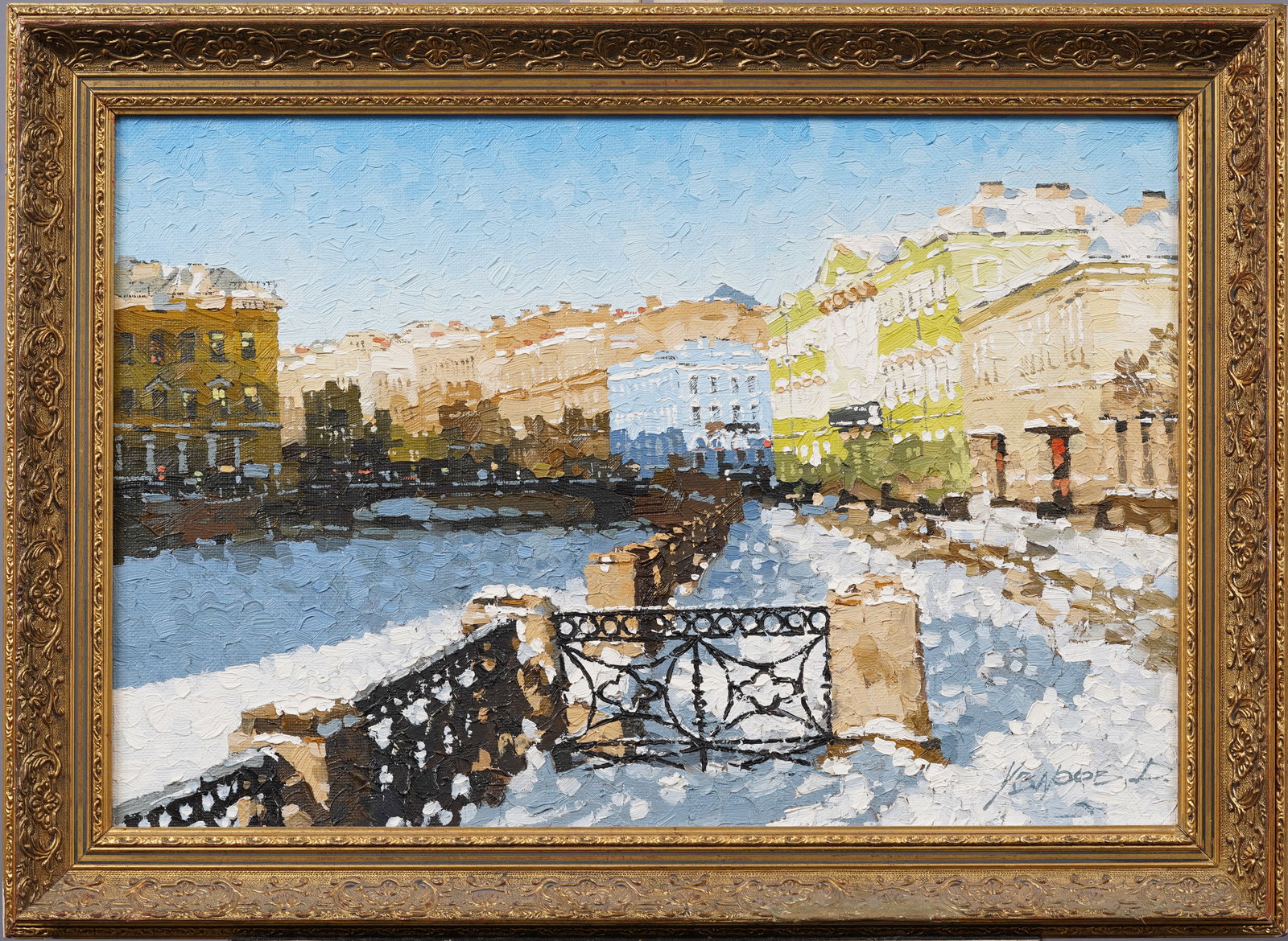Signed Russian Impressionist Winter Snow Filled Cityscape Framed Oil Painting (1 of 7)