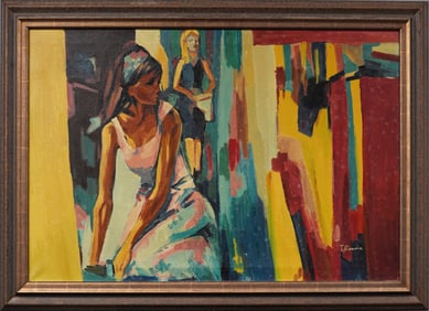 Vintage Signed Italian Modernist Interior Scene Woman Portrait Framed Oil Painting