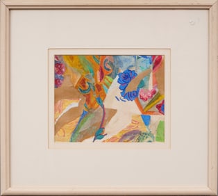 Vintage Framed Modernist Cut Paper Collage Abstract "Blue Roses" Flower Still Life