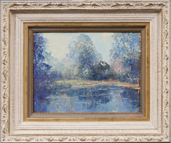 Signed Antique American Impressionist Framed Lake Landscape Original Oil Painting