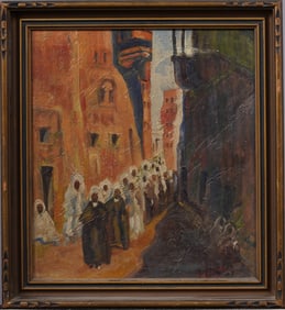Antique American Impressionist Middle Eastern Orientalist Cityscape Signed Original Oil Painting