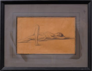 Signed Reclining Nude Woman Academic Portrait Pencil Drawing