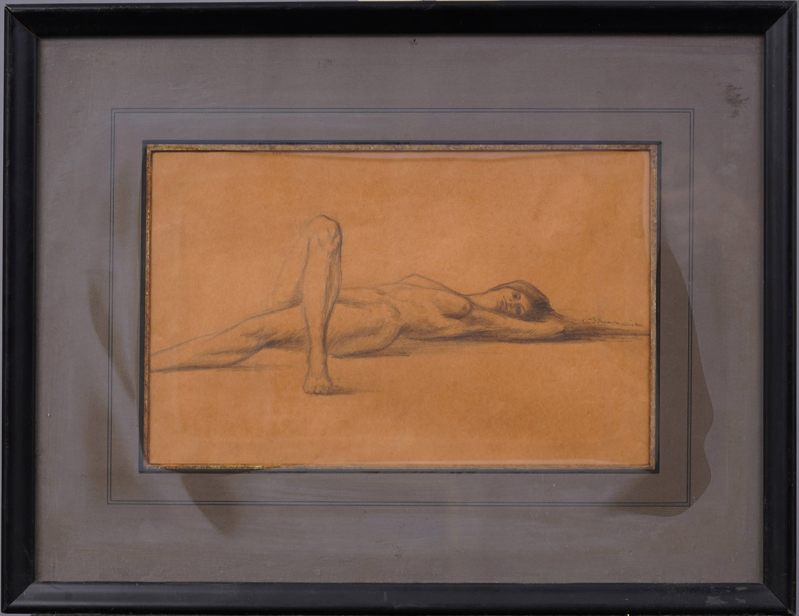 Signed Reclining Nude Woman Academic Portrait Pencil Drawing: Antique American school nude drawing. Signed. Framed. Measuring 14 by 19 inches overall. Please see all images for condition. Size is measured and written on the back of the painting. The first size i