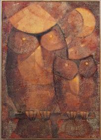 Mario Lopez Cano (B.1928) Antique Mexican Modernist Owl Portrait Framed Oil Painting