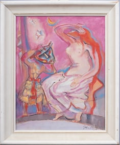 Vintage Signed Surreal Nude Women Masquerade Modernist Portrait Framed Oil Painting