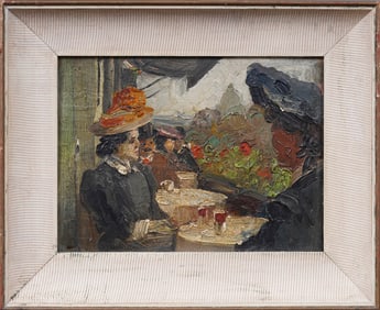 Antique Parisian Impressionist Cafe Scene Framed French Oil Painting