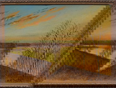 Jersey City Reservoir 1939 American Modernist Sunset Landscape Framed Oil Painting