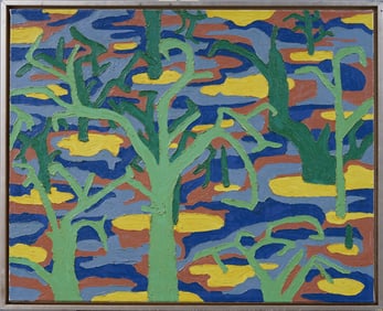 Vintage American School Modernist Forest Landscape Framed Fauvist Landscape Oil Paining