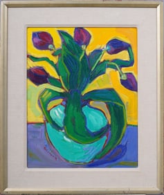 Vintage Signed American Modern Fauvist Flower Still Life Framed Oil Painting