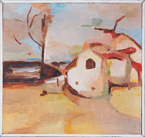 Vintage American Modernist Abstract Landscape Framed Seaside Barn Oil Painting