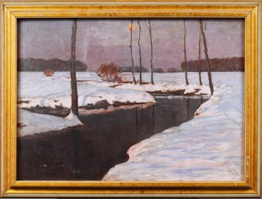 Antique American Moonlit Sunset Winter Snowy River Landscape Framed Original Oil Painting