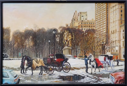 Vintage American Impressionist Winter in Central Park Framed Landscape Signed Oil Painting