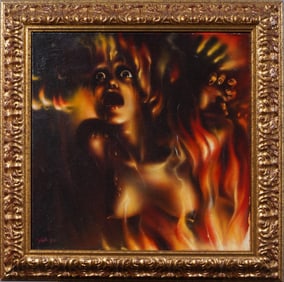 Vintage Signed American School Surreal Nude Woman Hellscape Framed Oil Painting