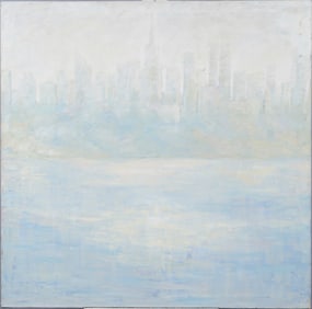 Large Vintage American Modernist Abstract Cityscape Oil Painting