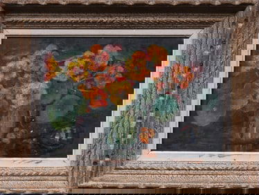 Antique European Impressionist Flower Still Life Framed Oil Painting