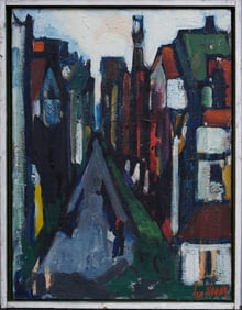 Antique American or European Abstract Cityscape Framed Signed Original Oil Painting