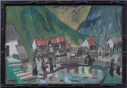 Vintage Signed Chinese Impressionist Rice Farm River Landscape Framed Painting