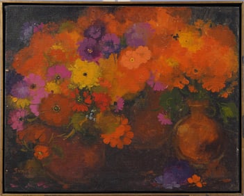 Vintage American Modernist Abstract Flower Still Life Signed Framed Oil Painting