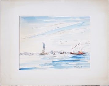 Vintage Signed Statue of Liberty Watercolor Painting