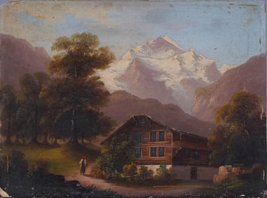 Antique Swiss Mountain View Jungfrau Snow Capped Ski Mountain Landscape Oil Painting